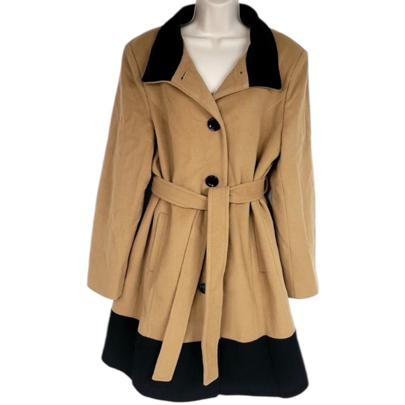 Vintage Cashmere Wool Coat Luxury Classic Two Tone Camel Tan Black Women Size XL - Picture 2 of 16